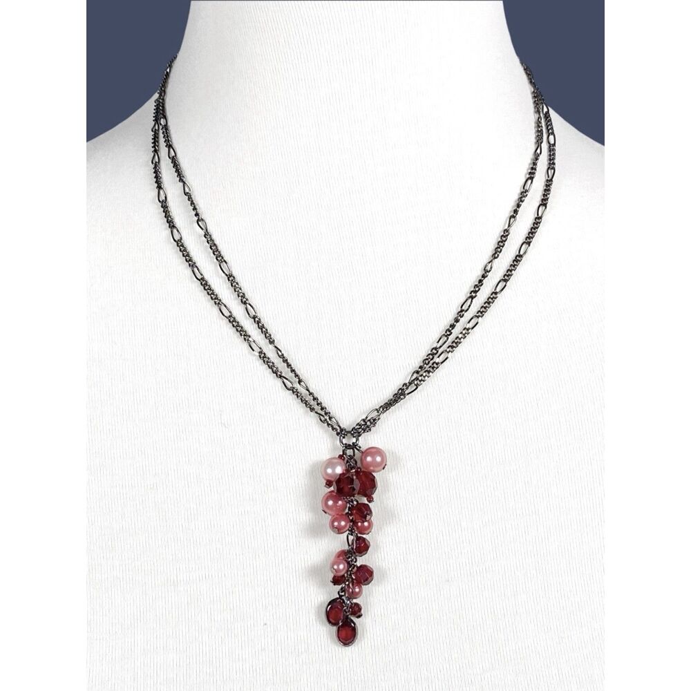 1928 Necklace Red Pink Bead Cluster Y Drop Dangle Metallic Gray 2 Strand Chain